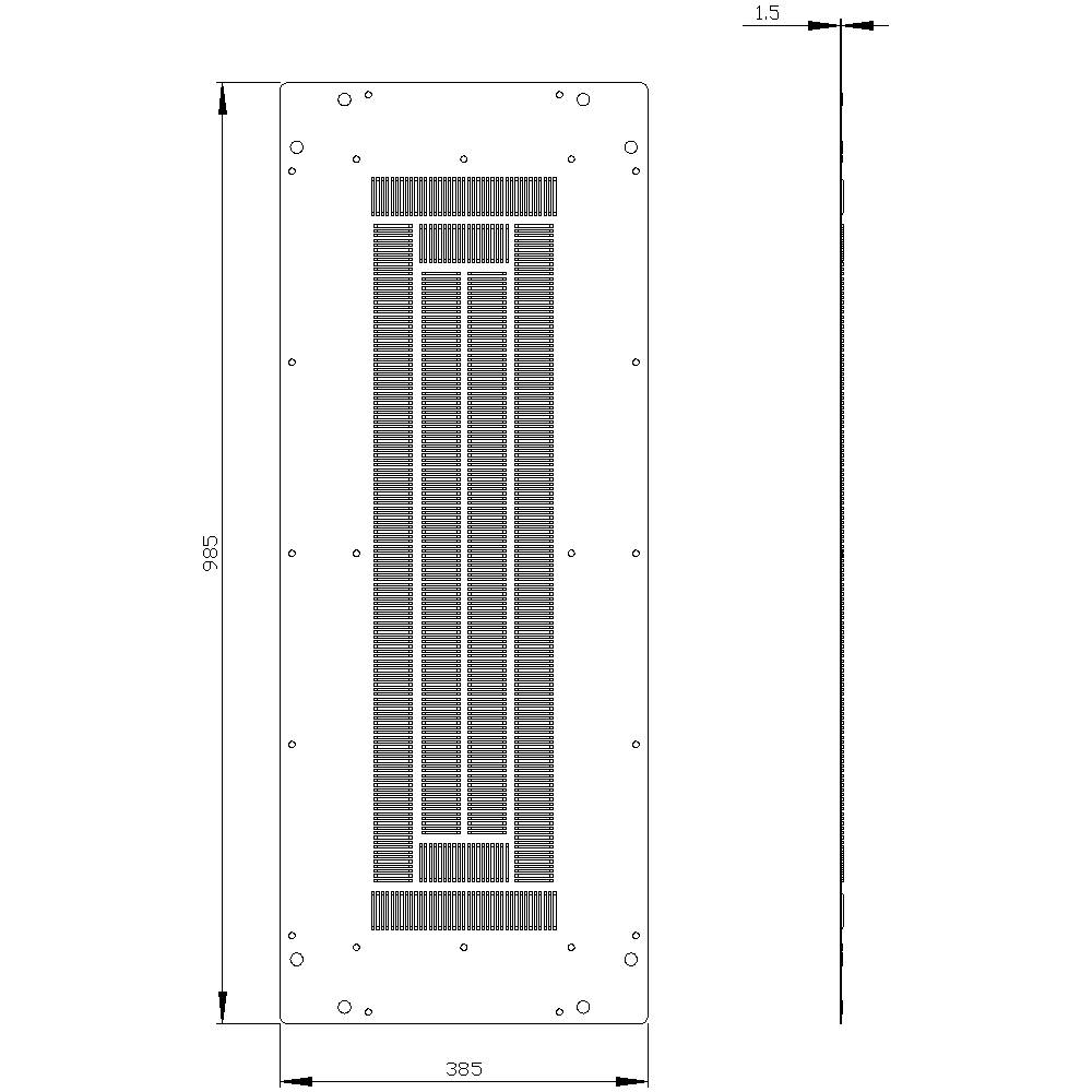 'Technical drawing of a rectangular metal grid with dimensions 295 mm x 385 mm. Side cross-section shows a thickness of 1.5 mm.'