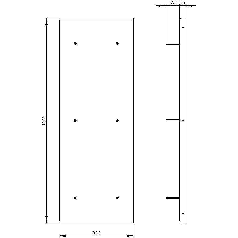 Technical drawing of a shelf with dimensions: height 1,999 mm, width 399 mm, depth 72–30 mm, with drill holes visible.