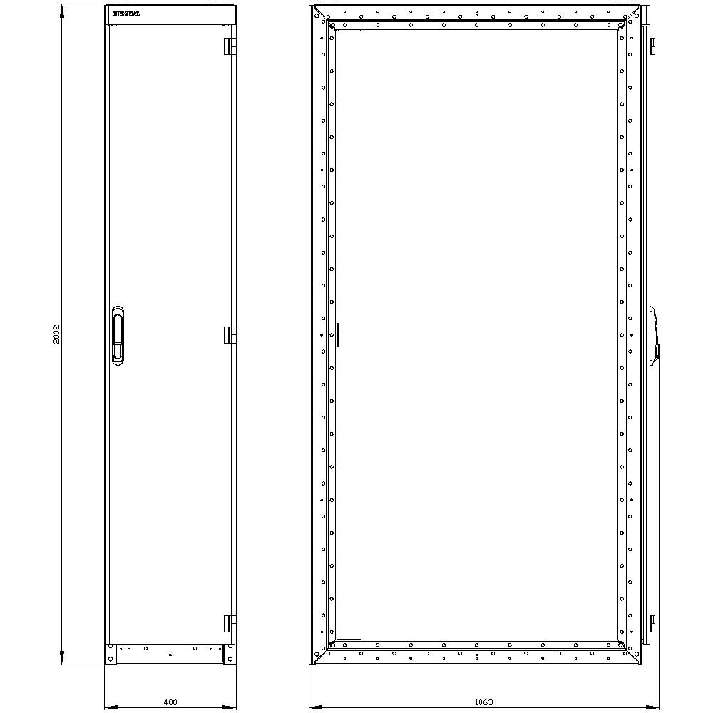 Technical Drawing of a Rectangular Cupboard with Dimensions: Width 400, Height 2052 at the front and Width 1163 from the side, with Door Handle.