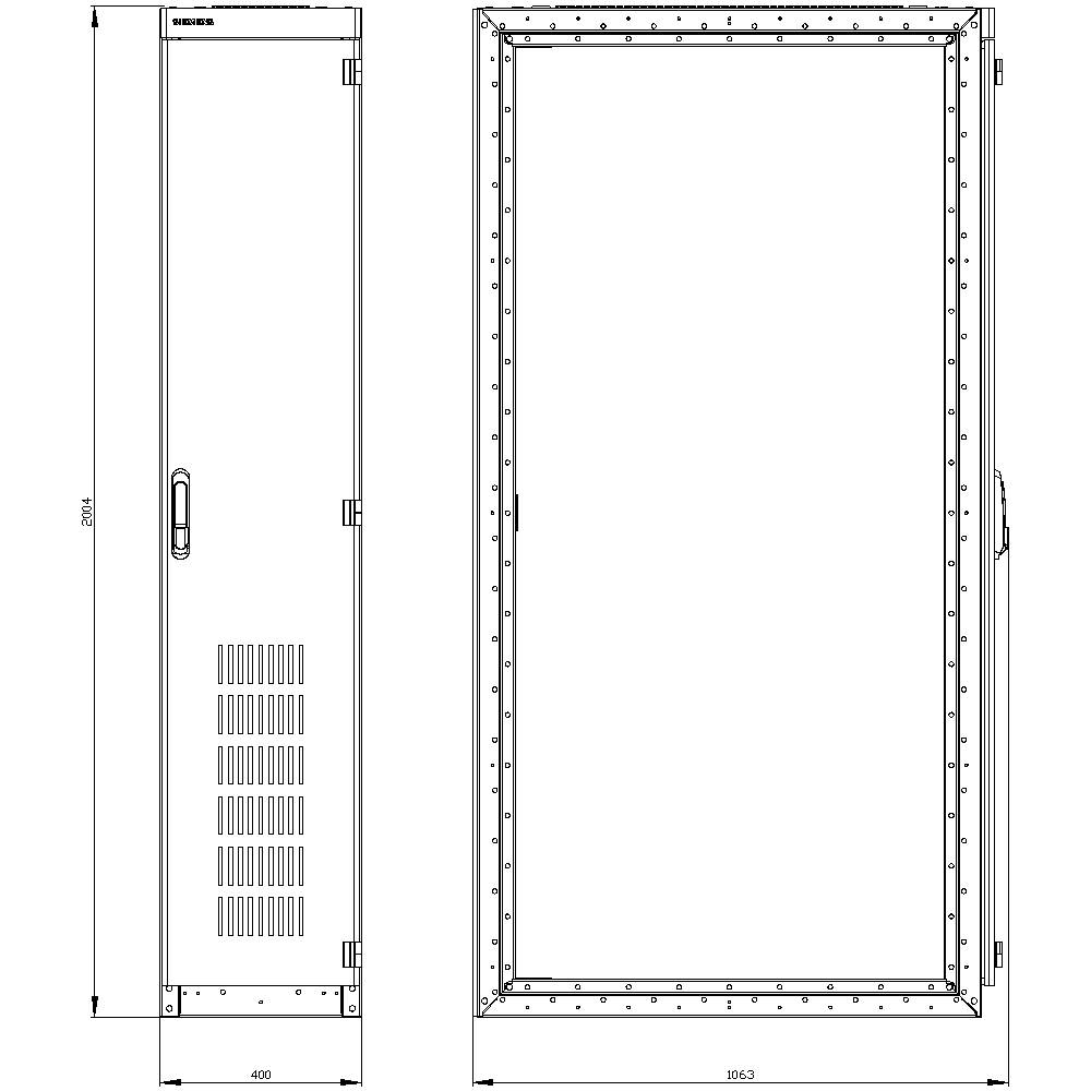 Technical drawing of a rectangular metal cabinet with ventilation slots, 2062 mm high and 600 mm wide, front and side view.