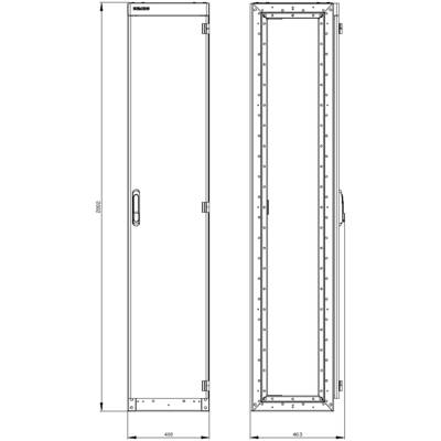 'Drawing of a metal cabinet with dimensions: height 2000 mm, width 400 mm, depth 463 mm. Shows front and side view.'