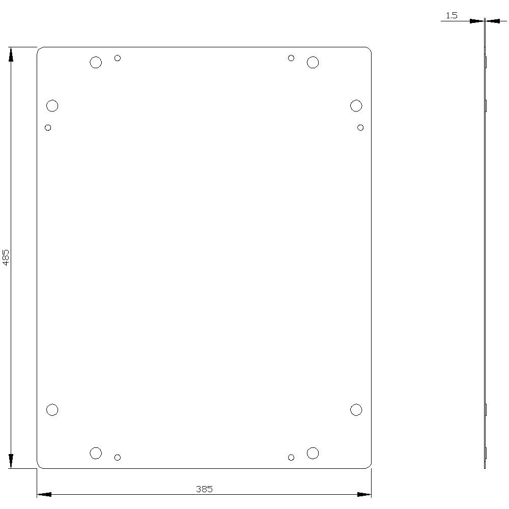'Technical drawing of a rectangular metal sheet, dimensions: 485 mm x 385 mm, thickness: 1.5 mm, holes at the corners and edges.'