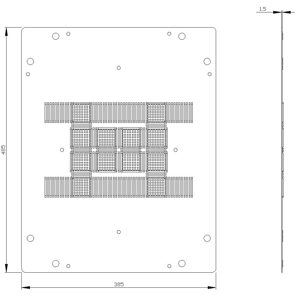 Technical drawing of a rectangular metal component with holes and a central square grid pattern, dimensions 485 x 385 mm.