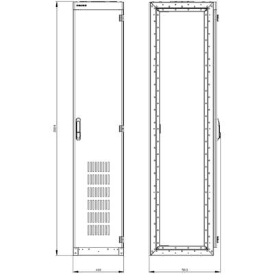 'Technical drawing of an electrical cabinet with front and side view. Dimensions: height 884 mm and width 440 mm.'