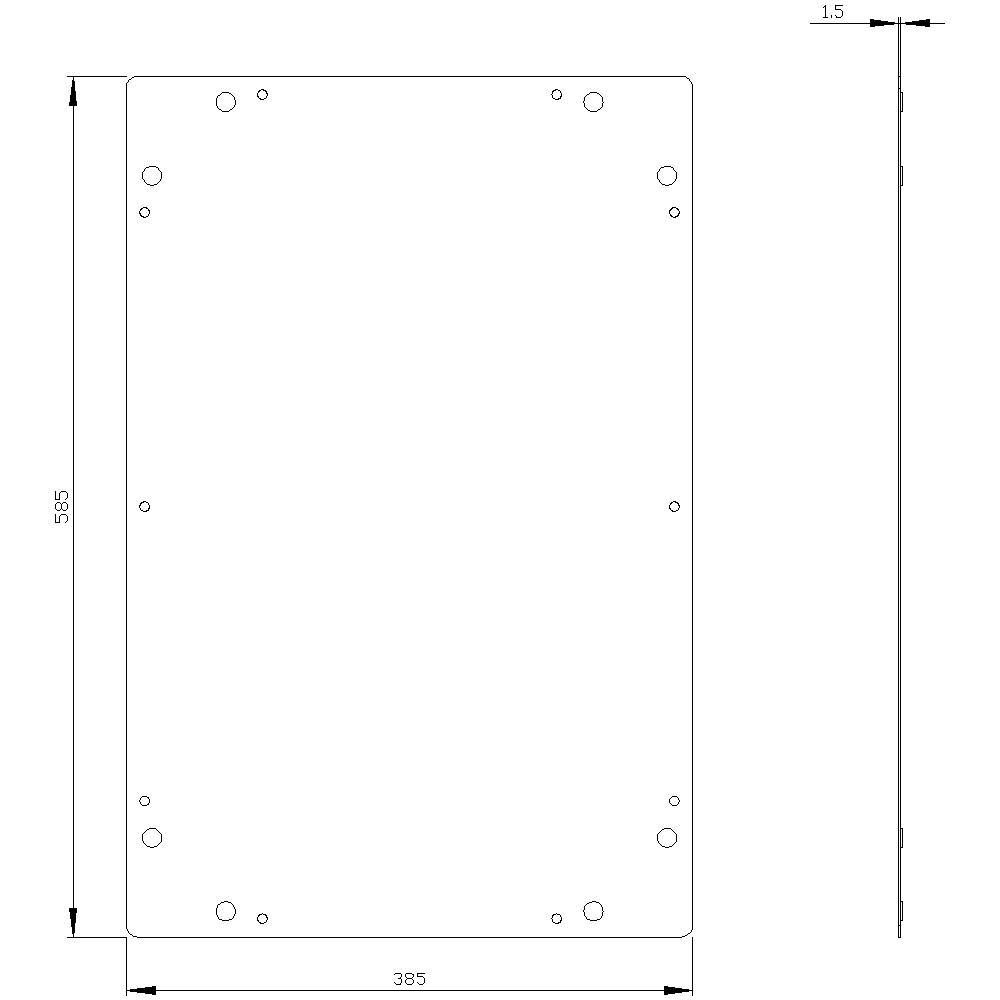 Technical drawing of a rectangular metal part with dimensions: 385 mm width, 585 mm height, 1.5 mm thickness, multiple mounting holes.