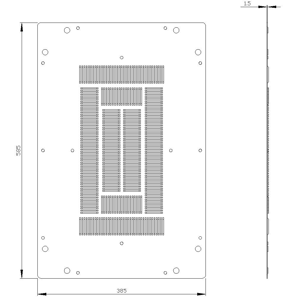 Technical drawing of a rectangular metal enclosure with ventilation slots. Dimensions: 585 mm x 385 mm, thickness 1.5 mm.