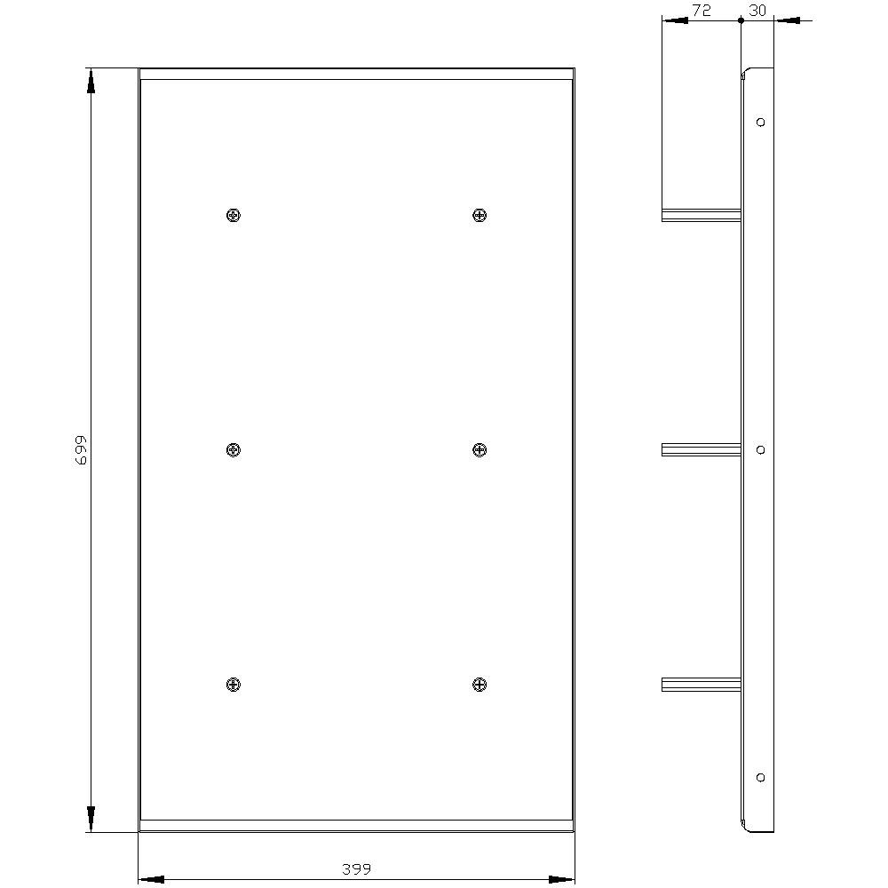 Technical drawing shows rectangular plate with five holes, side view and dimensions: 639 mm height, 399 mm width, 72 mm depth.