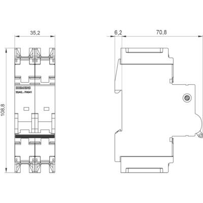 Technical drawing of a three-pole contactor with dimensions: width 35.2 mm, depth 70.8 mm, height 108 mm. Manufacturer code: 3RA23.