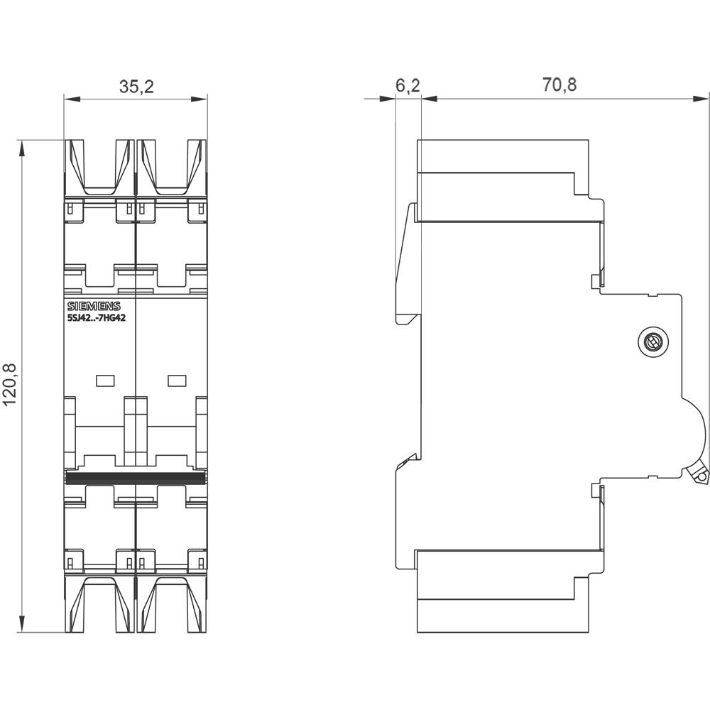 Technical drawing of an electrical switch with dimensions 35.2 mm x 120.8 mm x 70.8 mm. Detailed front and side view.