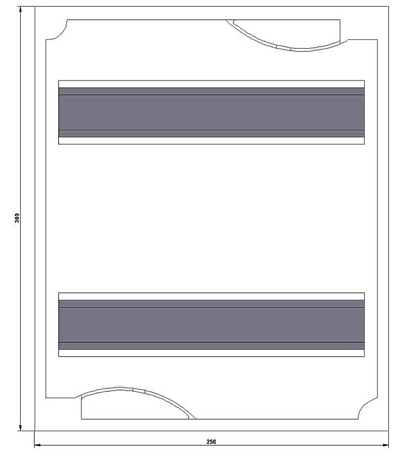 Technical drawing of a rectangular component with two cut-outs in the corners and two parallel lines in the centre. Dimensions 250 x 310.