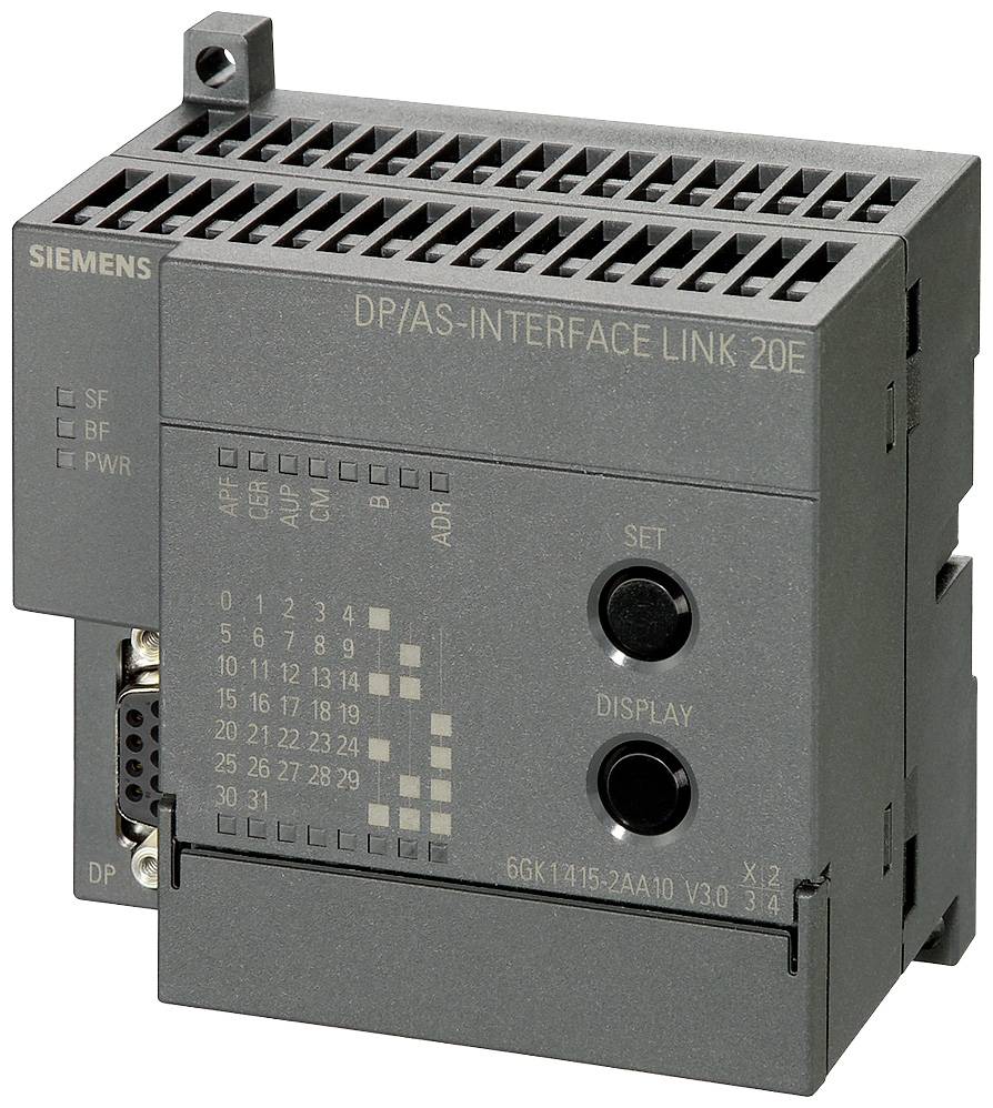 A grey Siemens DP/AS-Interface Link 20E device with multiple connections and buttons for controlling industrial automation.