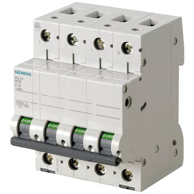 A four-pole circuit breaker with the marking 'Siemens 5SL6 MCB C16', used for electrical safety and circuit interruption.