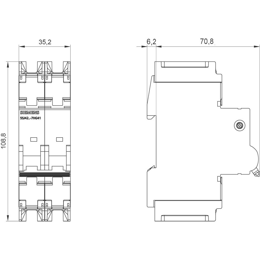 Technical drawing of a circuit breaker with dimensions: width 35.2 mm, height 108.8 mm, depth 70.8 mm.