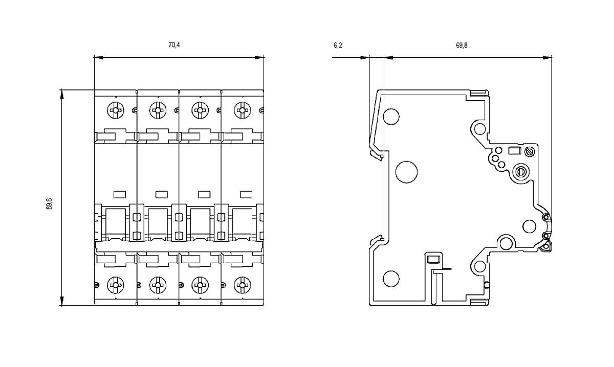 Technical drawing of an electrical switch with dimensions: width 70.4 mm, depth 69.8 mm, height 88.6 mm. Side and front view.