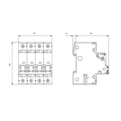 Technical drawing of an electrical component with dimensional specifications: Width 70.4 mm, Height 88.5 mm, Depth 69.8 mm, Front and side detailed views.