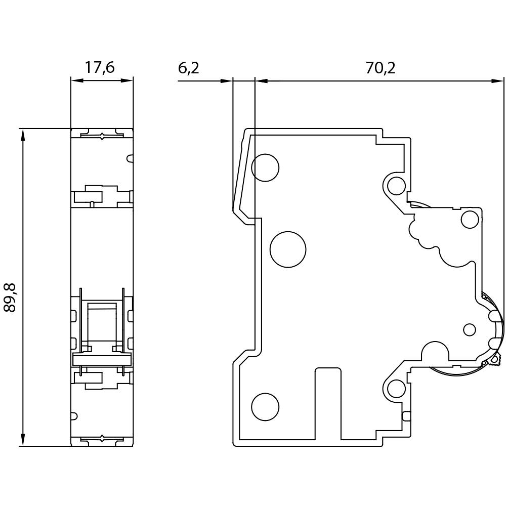 Technical drawing of an electronic component with dimensions: height 89.8 mm, width 17.6 mm, and depth 70.2 mm.