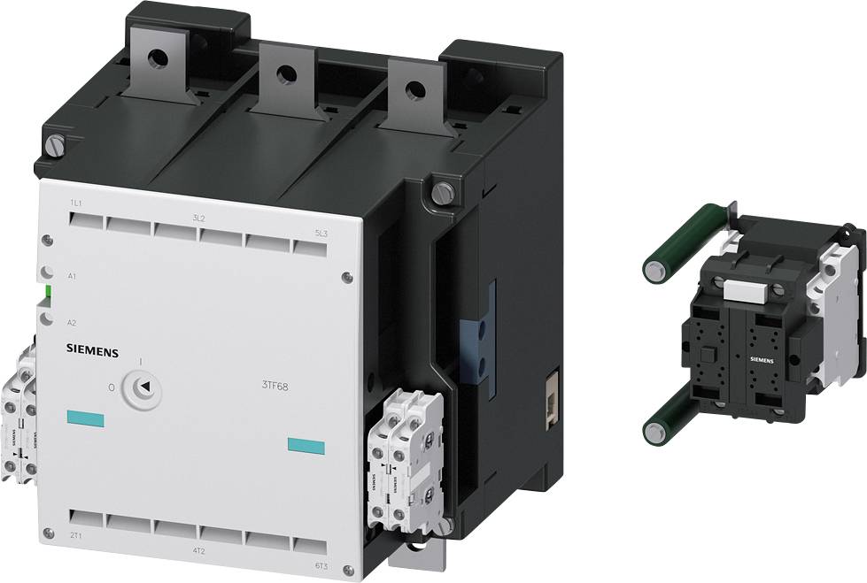 'A Siemens contactor in black and white with visible connections and levers, suitable for controlling electrical devices in control cabinets.'