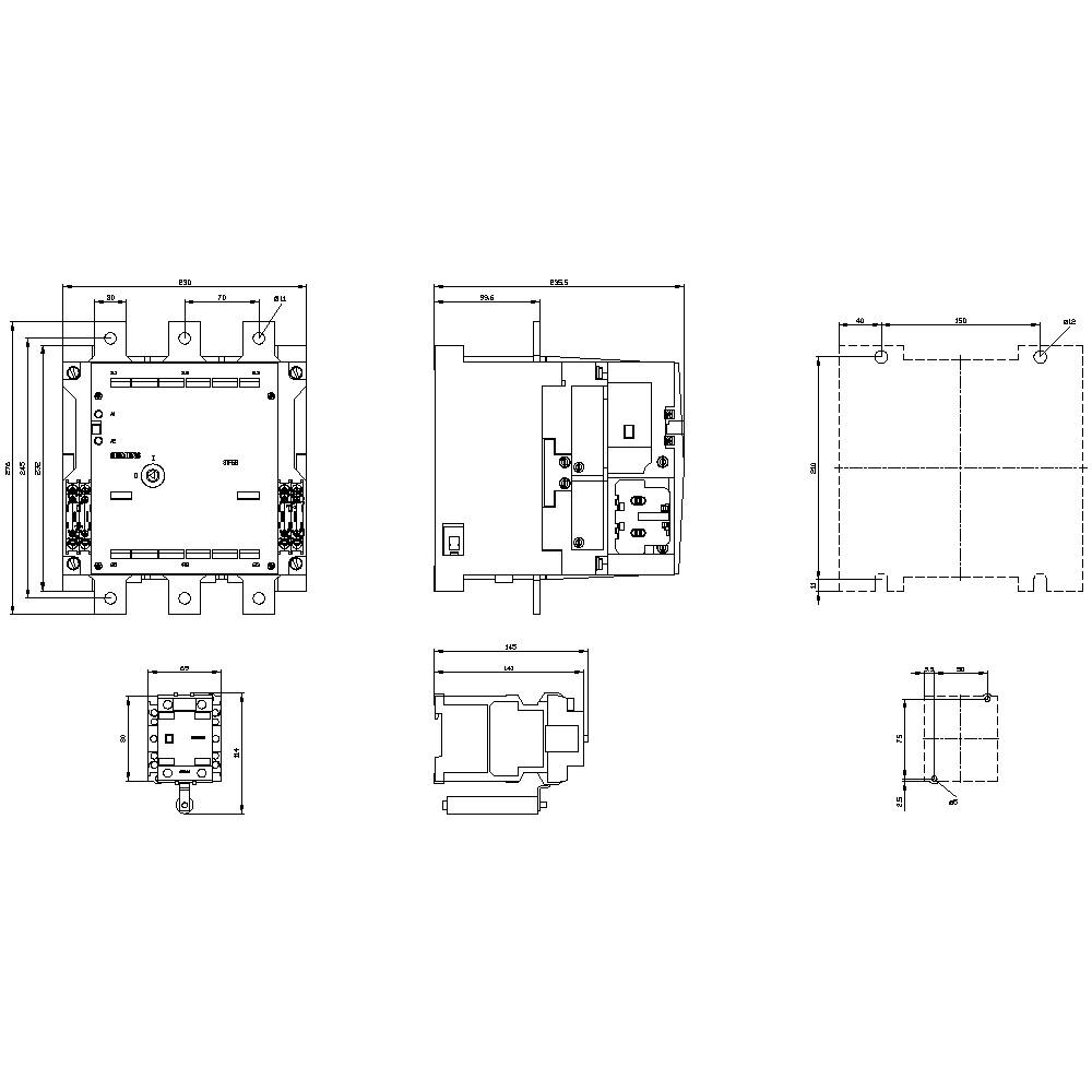 Technical drawing of an electrical component with various views and dimensions. Shows front, side, and top view.