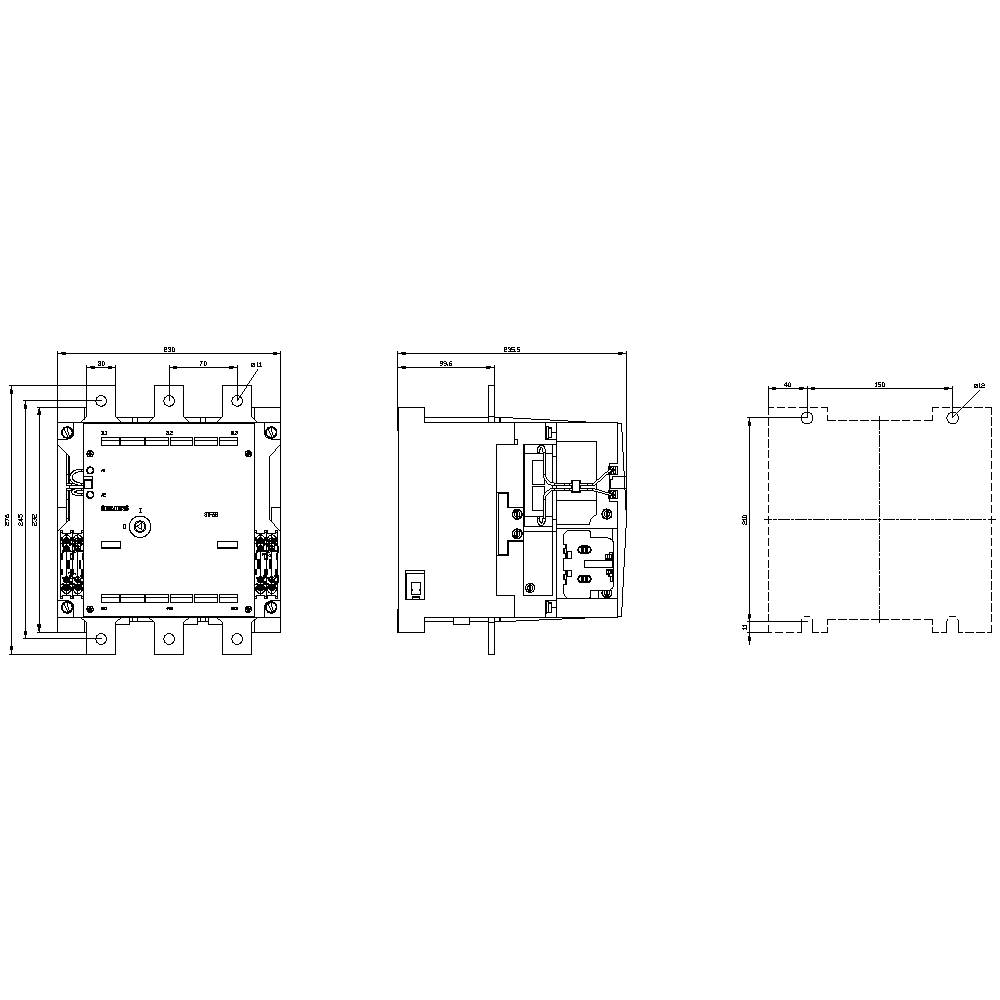 Technical drawing of an electrical junction box. Three views: Front view, side view, and top view with dimensional specifications.