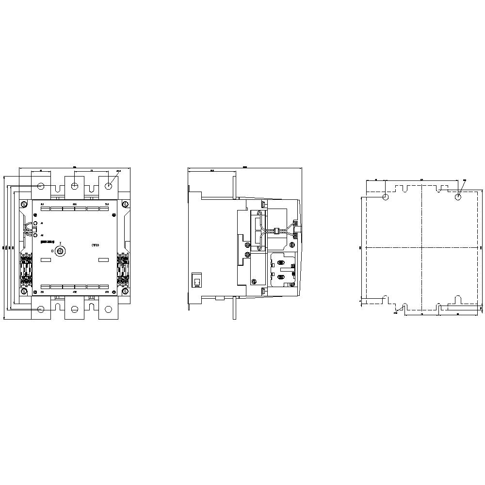 Component diagram with three views: Front view shows internal structures, side view lists connection details, top view displays placement of mounting holes.