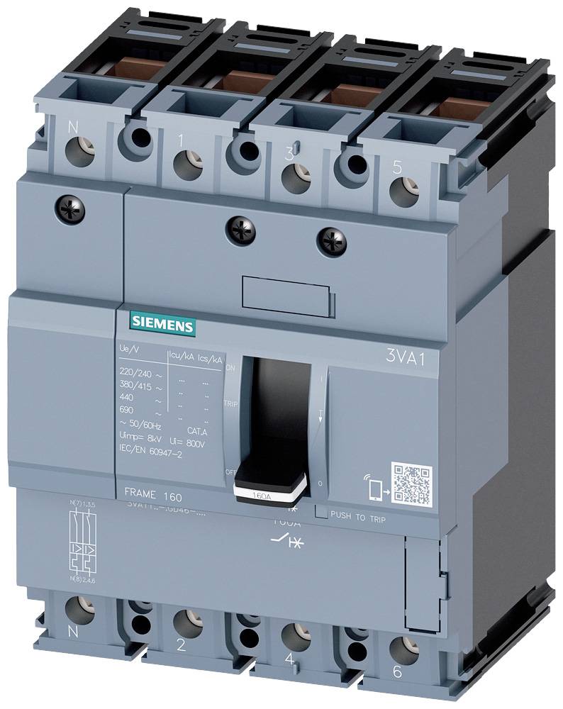 A grey Siemens circuit breaker with the marking '3VA1'. It has multiple connection points, suitable for electrical switchboards.