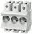 Three-pole plastic fuse holder in white and grey, with visible screws, for installation in electrical control cabinets.