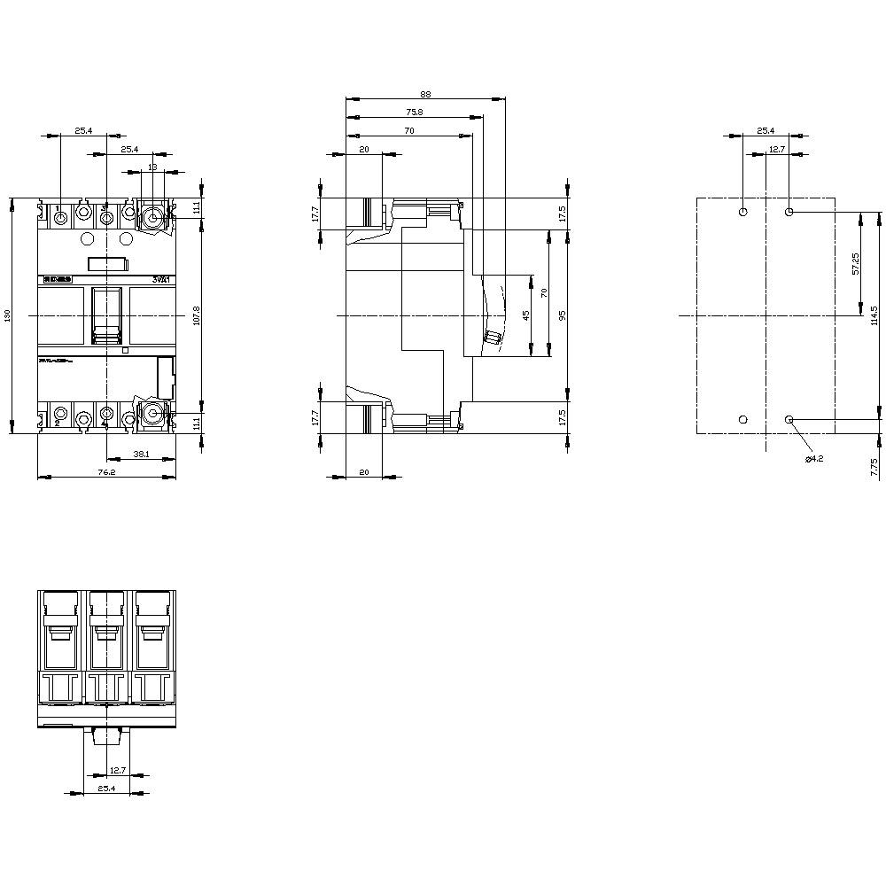 Technical drawing of a three-pole circuit breaker with detailed dimensional specifications in millimetres, front and side view.