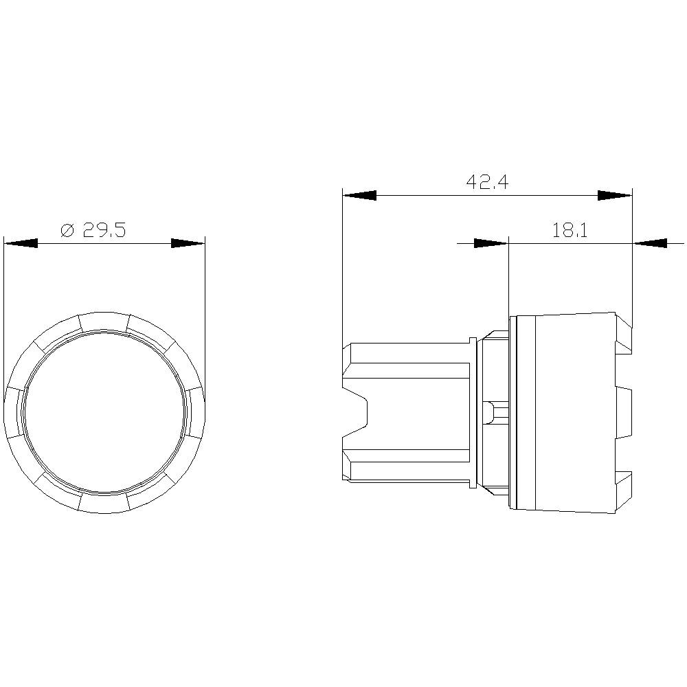 Technical drawing of a cylindrical component. Left: Front view, diameter 29.5 mm. Right: Side view, total length 42.4 mm, partial section 18.1 mm.
