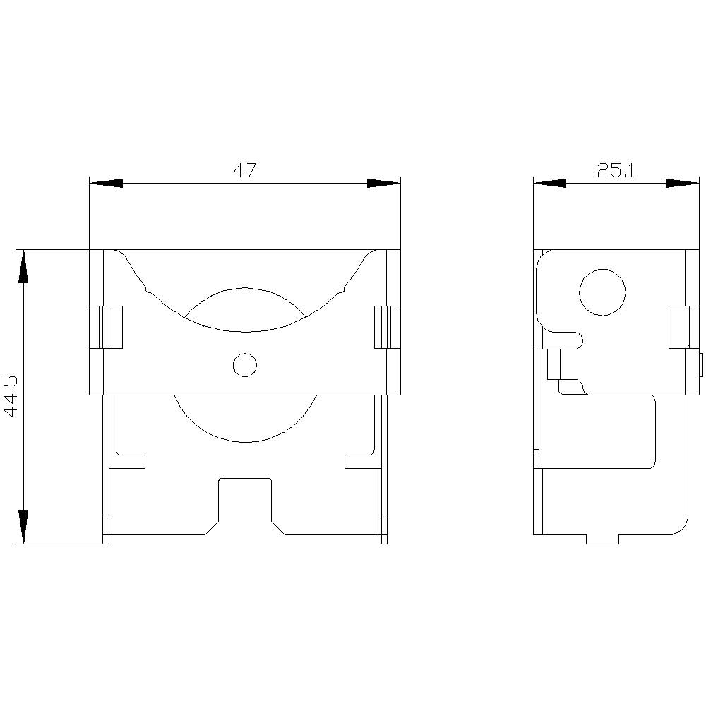 Technical drawing shows the dimensions of a rectangular module: width 47 mm, height 44.5 mm, depth 25.1 mm. No further details.