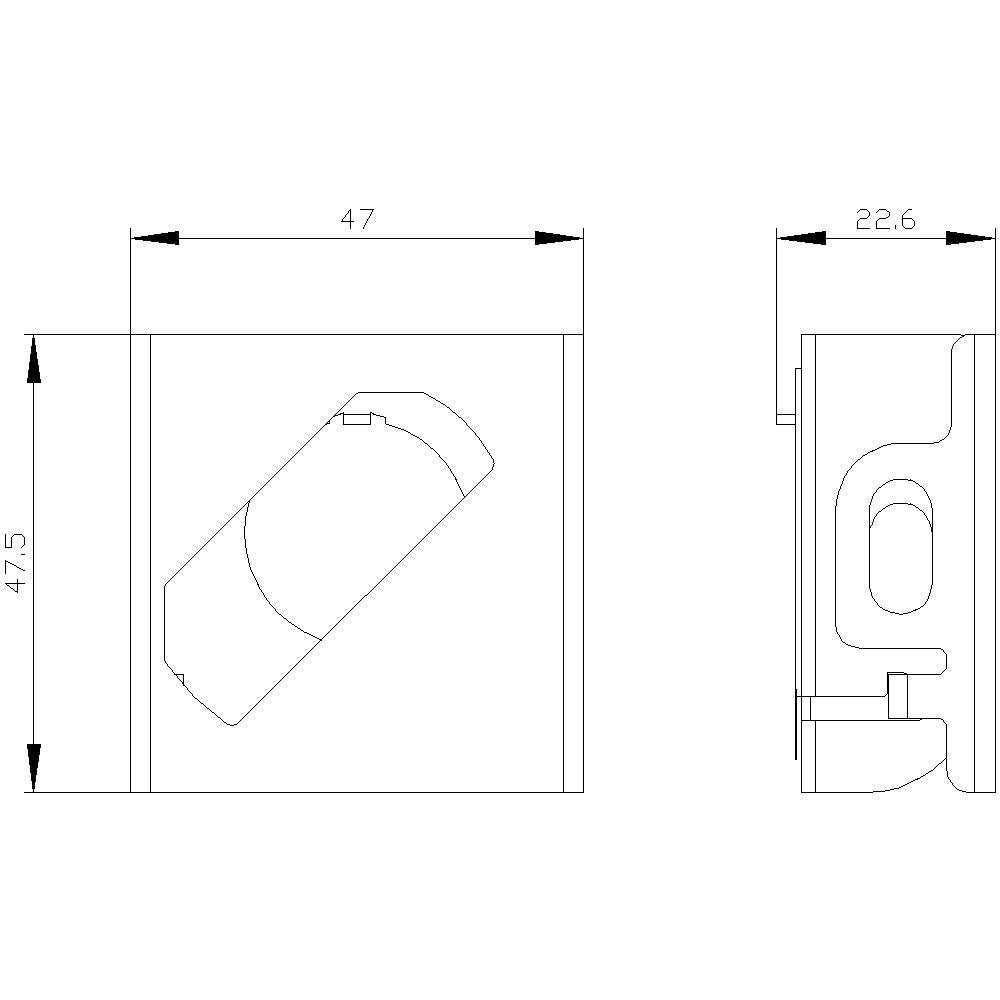 Technical drawing of a component with side and front view. Dimensions: 47.5 mm height, 47 mm width, 22.6 mm depth.