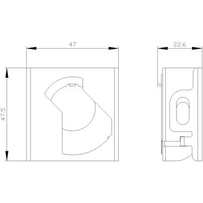 Technical drawing of a component with two views. Dimensions: 47.5 mm high, 47 mm wide and 22.6 mm deep.