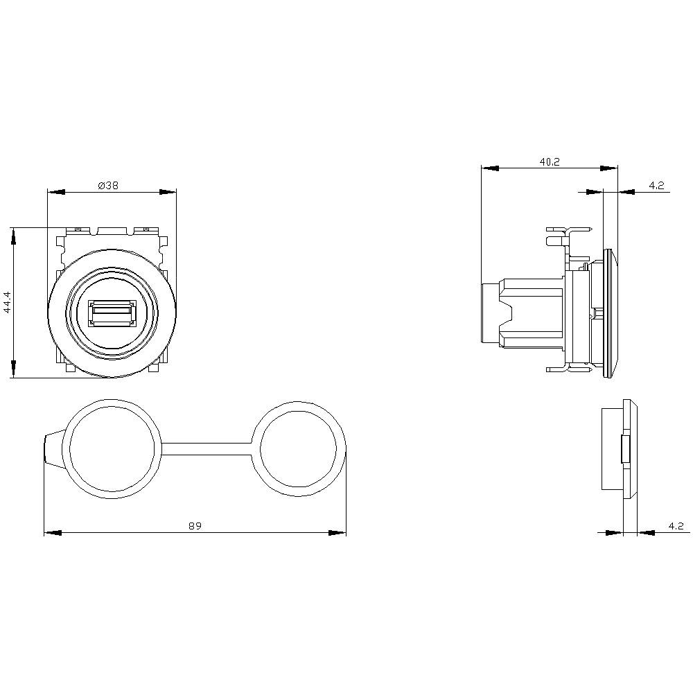 Technical drawing of a USB connection with cover, front and side view. Dimensions: Diameter 38 mm, Length 89 mm.