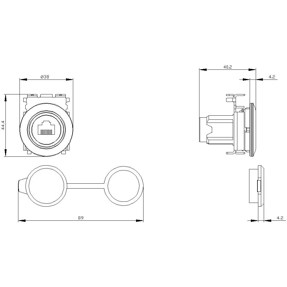 Technical drawing of a rectangular connector with RJ45 socket. Dimensions: 38 mm width, 44.4 mm height, 4.2 mm depth. Side view shows mounting components.