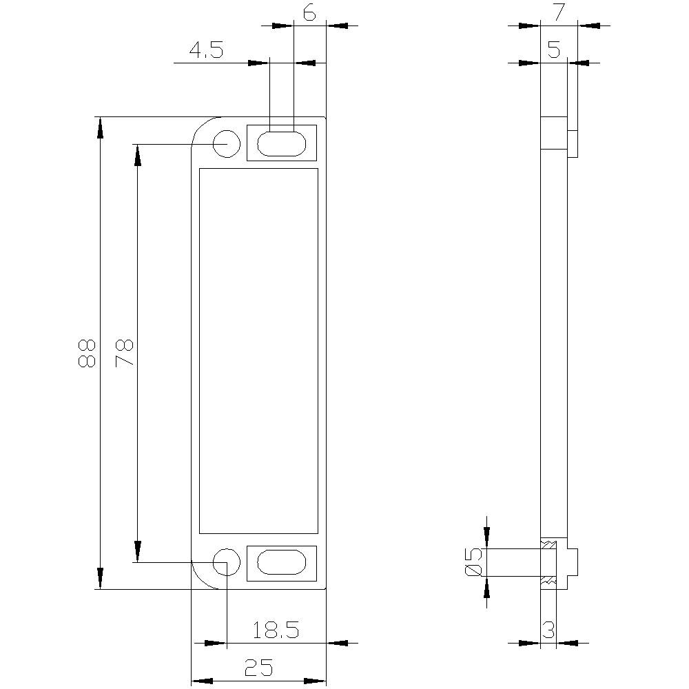Technical drawing of a component with dimensions in millimetres: Length 88, Width 25, Height 7. More detailed measurements for holes and distances.