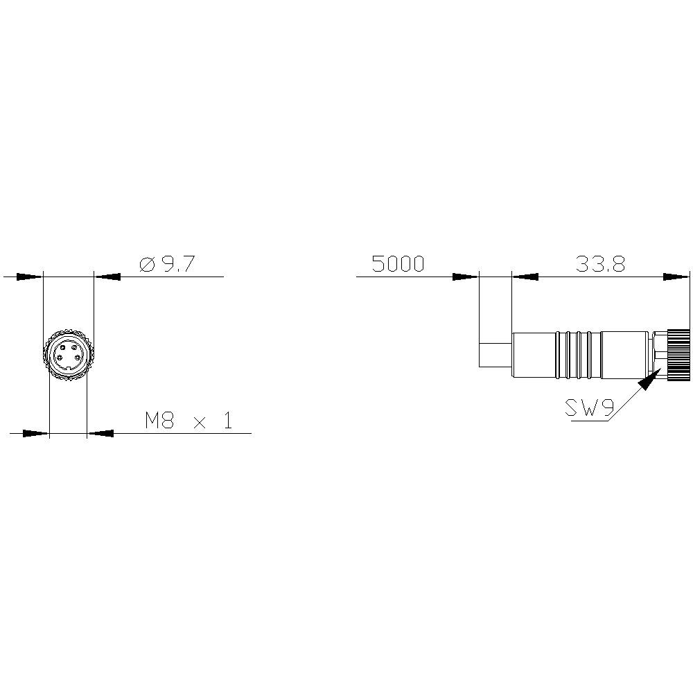 Technical drawing of an M8 connection cable: Top view with Ø9.7 mm, side view shows SW9 plug, 5000 mm length, 33.8 mm total length.