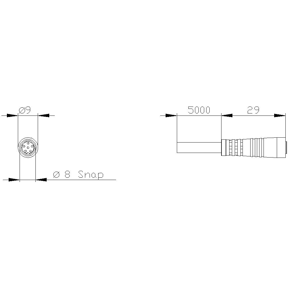 Technical drawing of a connector with dimensions: 9 mm external diameter, 5000 mm length, 29 mm plug area; 'Ø 8 Snap'.