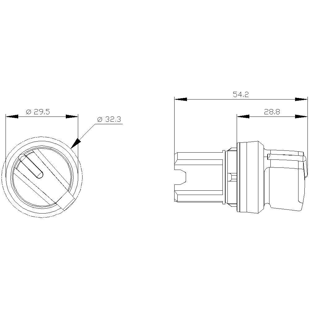 Technical drawing of a round component with side and top view. Dimensions: Diameter 29.5 mm and 32.3 mm, Length 54.2 mm and 28.8 mm.