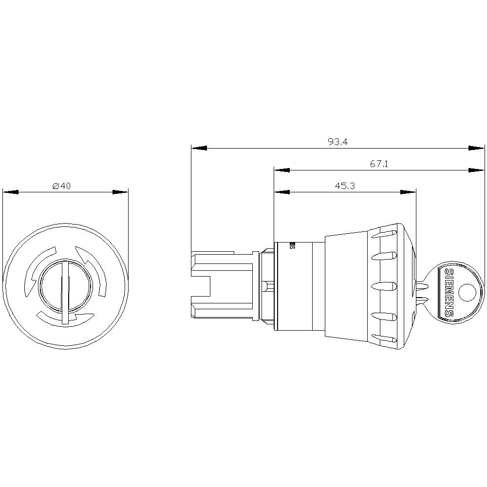 'Schematic drawing of a key switch with dimensions: overall width 93.4 mm, diameter 40 mm, key marked.'