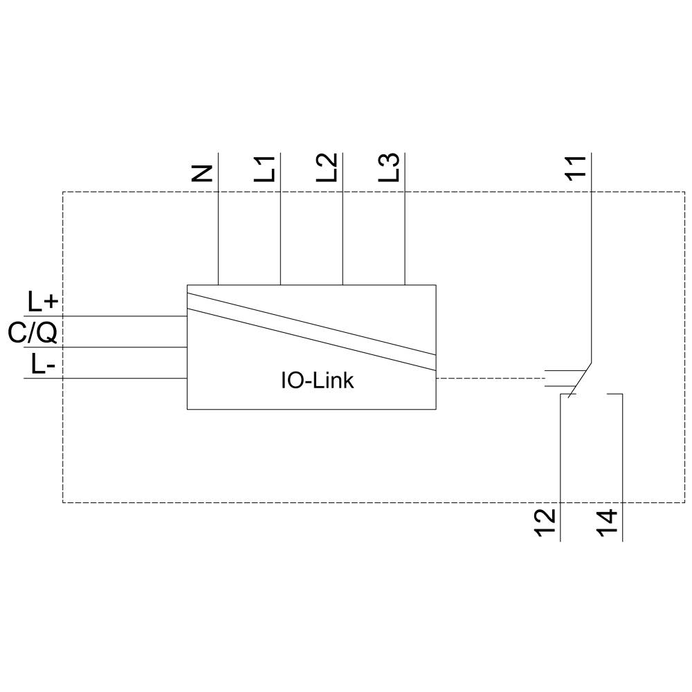'Schematic representation of an IO-Link connection: Terminal with labelling N, L1, L2, L3, L+, C/Q and L-. Connections 11, 12, 14.'