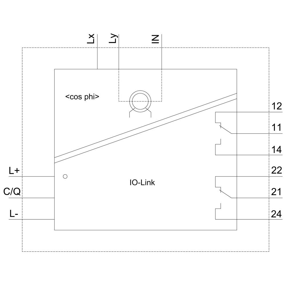Circuit diagram of an IO-Link module with connections L+, C/Q, L- and side numbering 12, 11, 14, 22, 21, 24.