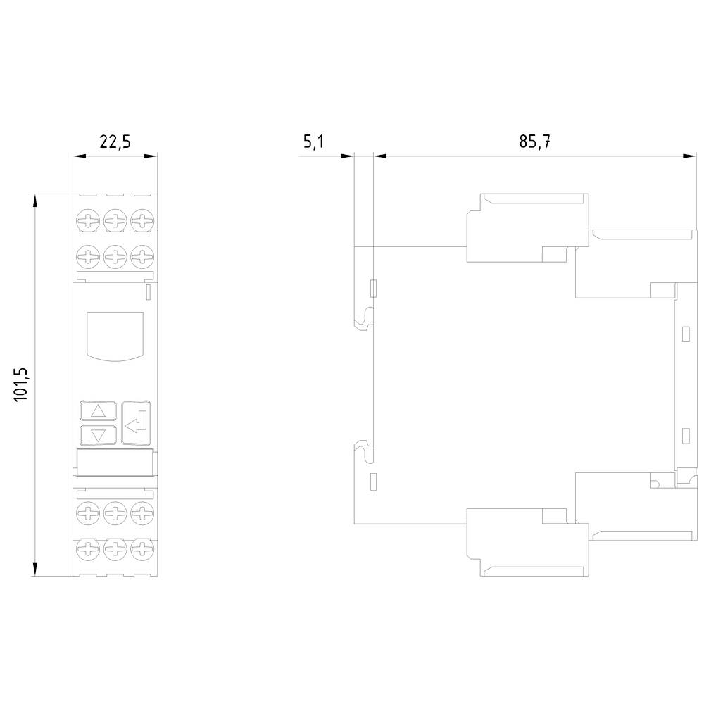 Technical drawing of an electronic device with dimensions: Height 101.5 mm, Width 22.5 mm, Depth 85.7 mm. Shows connections and form.