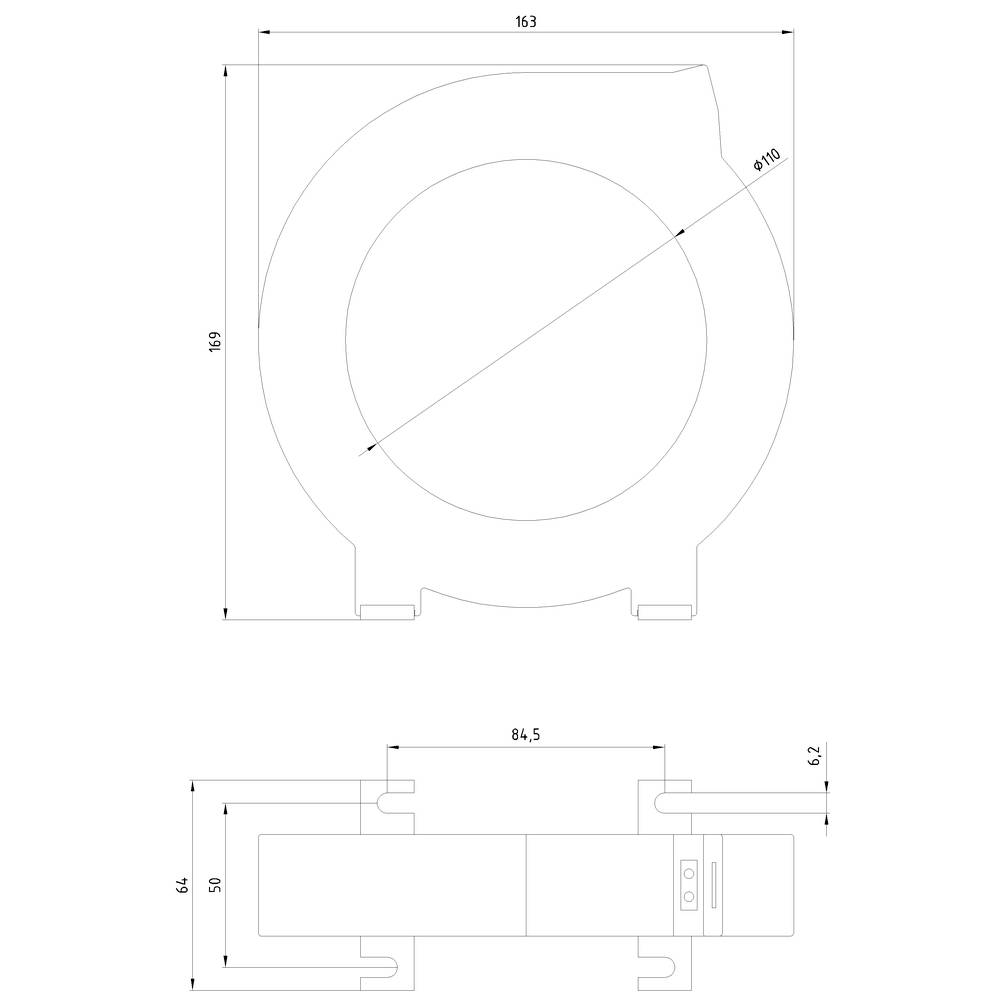 Technical drawing of a round device with dimensions. The front view shows a diameter of 163 mm, the side view measures 84.5 mm in length.