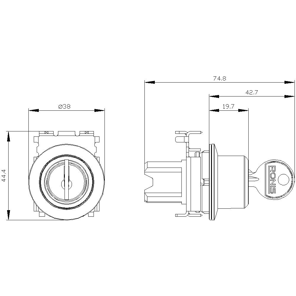 Drawing of a round key switch with dimensions: diameter 38 mm, total length 74.8 mm, key length 42.7 mm.