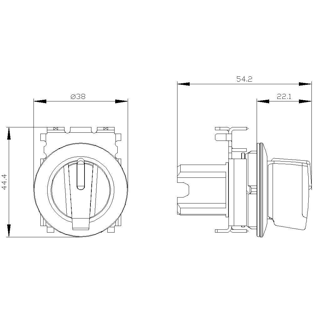 Technical Drawing of a Mechanical Switch with Dimensions: Width 38 mm, Height 44.4 mm, Depth 54.2 mm. Side and Front View.