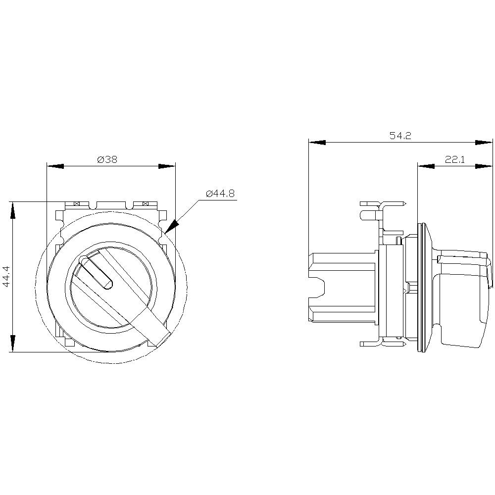 Technical drawing of a circular switch with a push button, top view on the left and side view on the right, dimensions given in millimetres.