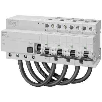 'Electrical circuit breaker with five fuse modules, connected by black cables. Siemens logo on the left-hand side.'