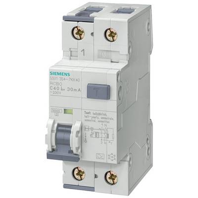 A Siemens residual current circuit breaker (RCD) with a rated current of 40 A and a tripping current of 30 mA, suitable for 230V.