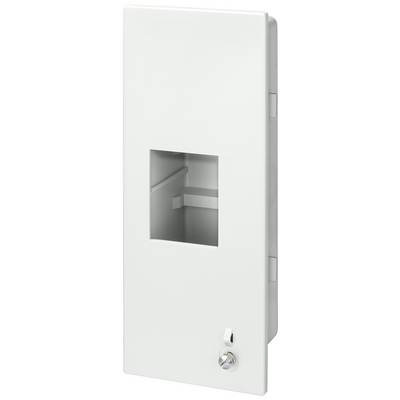White, rectangular cover with a square cut-out in the centre and a lock beside it; used for wall-mounted installations.
