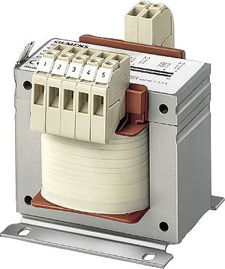 A silver electric transformer by Siemens with five numbered terminals and a mountable base, type plate on top.