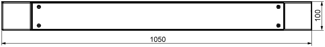 Design drawing of a rectangular metal beam, horizontally oriented. Width: 1050 mm, Height: 100 mm. Displays bolt connections at the ends.